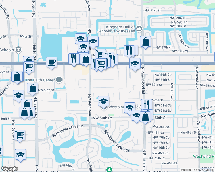map of restaurants, bars, coffee shops, grocery stores, and more near 9337 Northwest 53rd Court in Sunrise