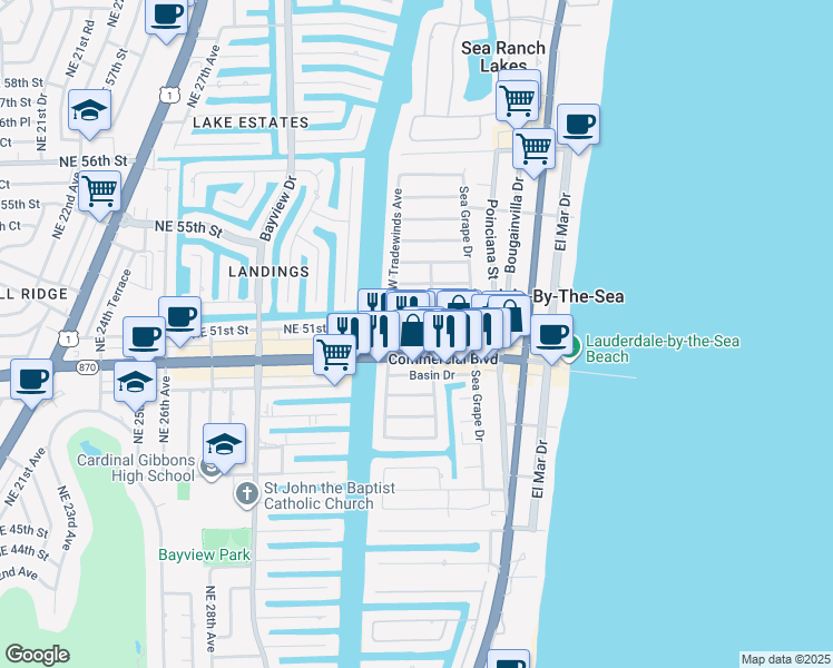 map of restaurants, bars, coffee shops, grocery stores, and more near 275 Commercial Boulevard in Lauderdale-by-the-Sea