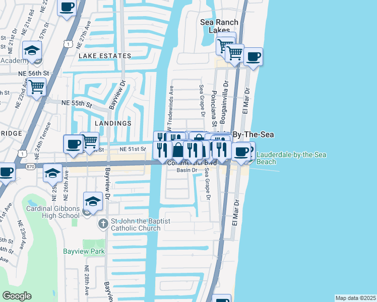 map of restaurants, bars, coffee shops, grocery stores, and more near in Lauderdale-by-the-Sea