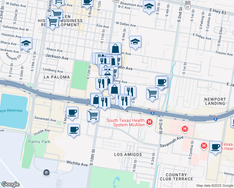 map of restaurants, bars, coffee shops, grocery stores, and more near 1300 South 9th Street in McAllen