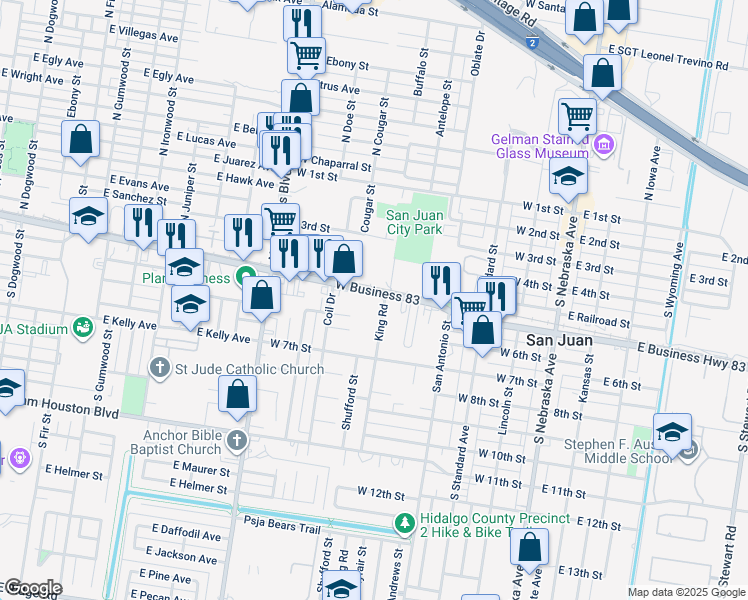 map of restaurants, bars, coffee shops, grocery stores, and more near 602 U.S. 83 Business in San Juan