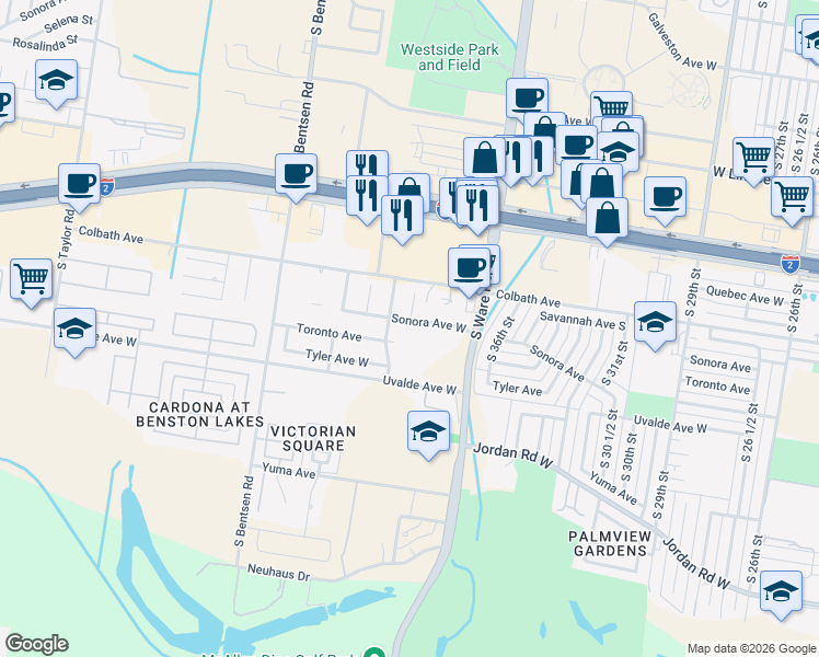 map of restaurants, bars, coffee shops, grocery stores, and more near 2001 South 39th Street in McAllen