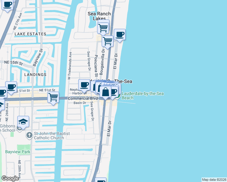 map of restaurants, bars, coffee shops, grocery stores, and more near 4444 El Mar Drive in Lauderdale-by-the-Sea
