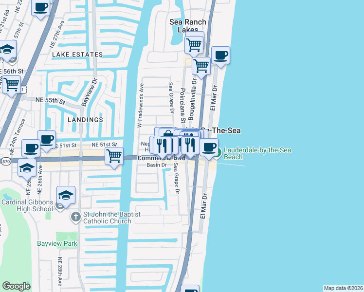map of restaurants, bars, coffee shops, grocery stores, and more near 4430 Sea Grape Drive in Lauderdale-by-the-Sea