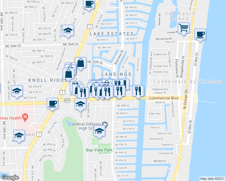 map of restaurants, bars, coffee shops, grocery stores, and more near 2920 Northeast 52nd Street in Fort Lauderdale
