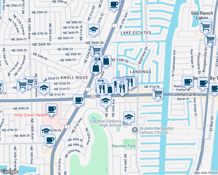 map of restaurants, bars, coffee shops, grocery stores, and more near 5120 Northeast 26th Avenue in Fort Lauderdale
