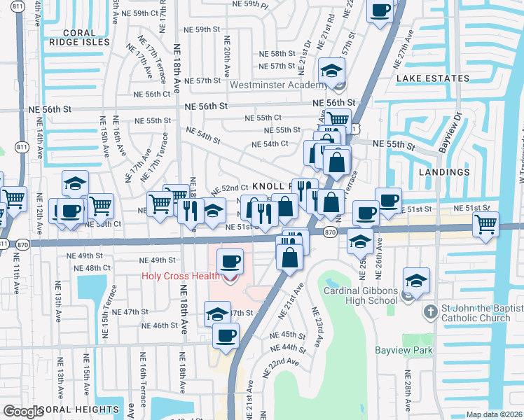 map of restaurants, bars, coffee shops, grocery stores, and more near 2131 Northeast 52nd Street in Fort Lauderdale