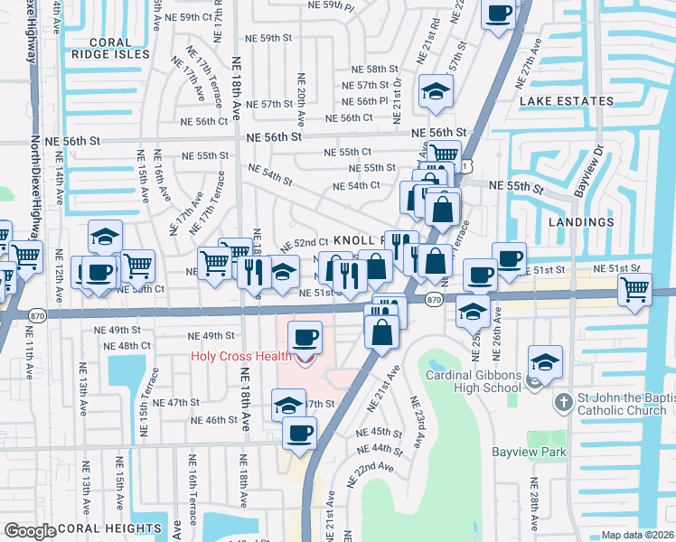 map of restaurants, bars, coffee shops, grocery stores, and more near 2131 Northeast 52nd Street in Fort Lauderdale