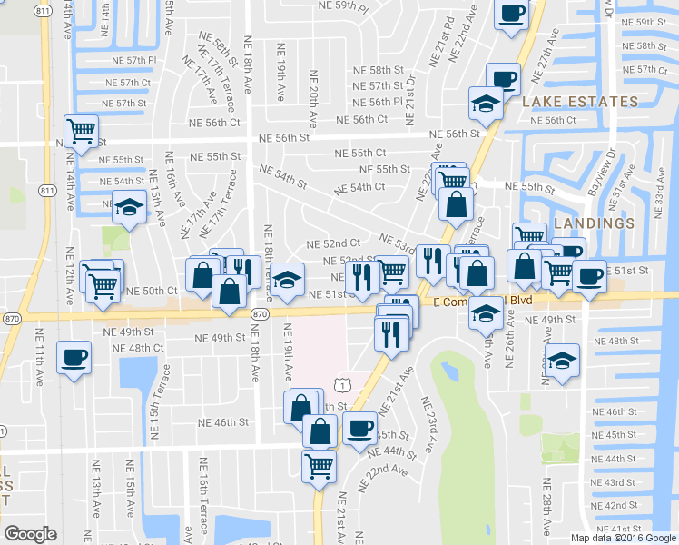 map of restaurants, bars, coffee shops, grocery stores, and more near 2131 Northeast 52nd Street in Fort Lauderdale