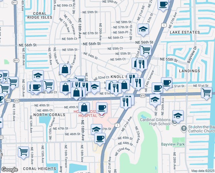 map of restaurants, bars, coffee shops, grocery stores, and more near 2011 Northeast 52nd Street in Fort Lauderdale