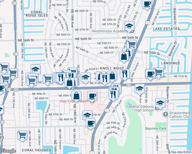 map of restaurants, bars, coffee shops, grocery stores, and more near 2011 Northeast 52nd Street in Fort Lauderdale