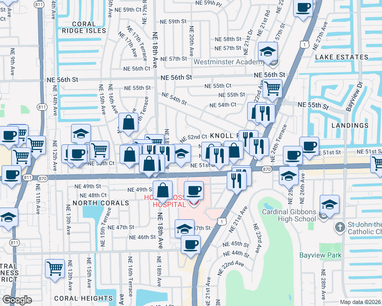 map of restaurants, bars, coffee shops, grocery stores, and more near 2011 Northeast 52nd Street in Fort Lauderdale