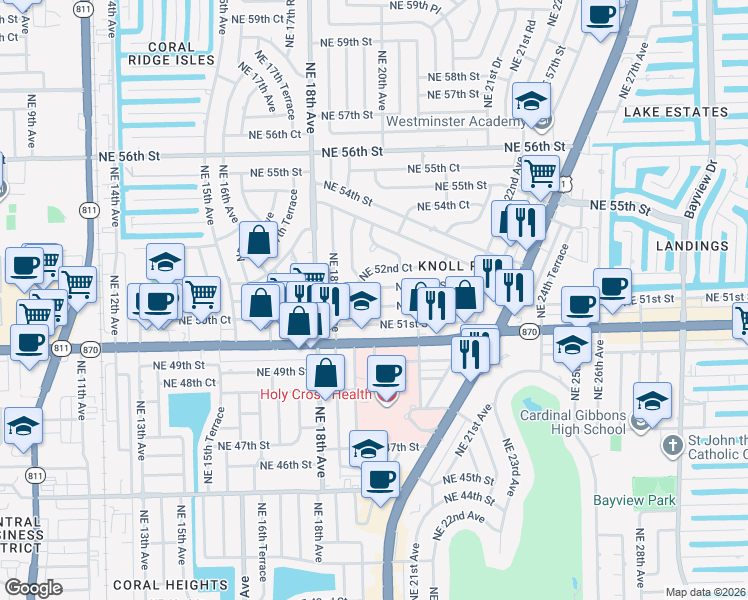 map of restaurants, bars, coffee shops, grocery stores, and more near 2011 Northeast 52nd Street in Fort Lauderdale