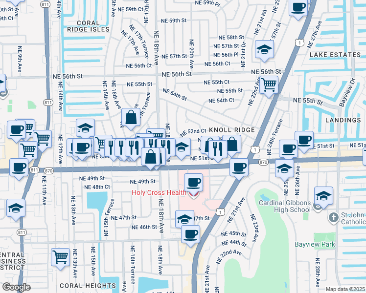 map of restaurants, bars, coffee shops, grocery stores, and more near 5201 Northeast 19th Avenue in Fort Lauderdale