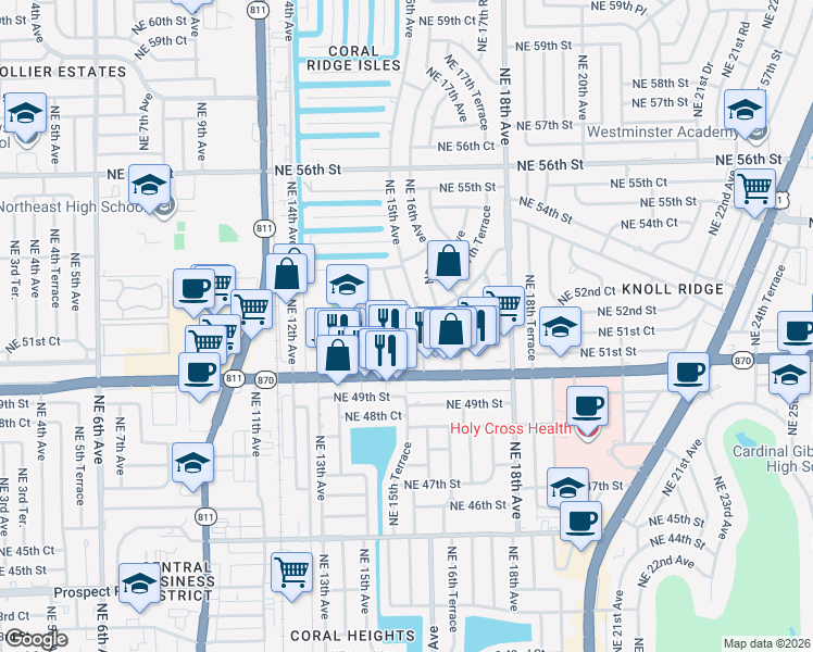 map of restaurants, bars, coffee shops, grocery stores, and more near 5130 Northeast 14th Terrace in Fort Lauderdale