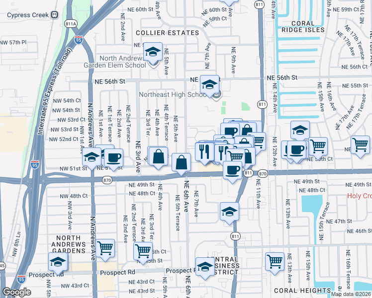 map of restaurants, bars, coffee shops, grocery stores, and more near 5217 Northeast 6th Avenue in Fort Lauderdale