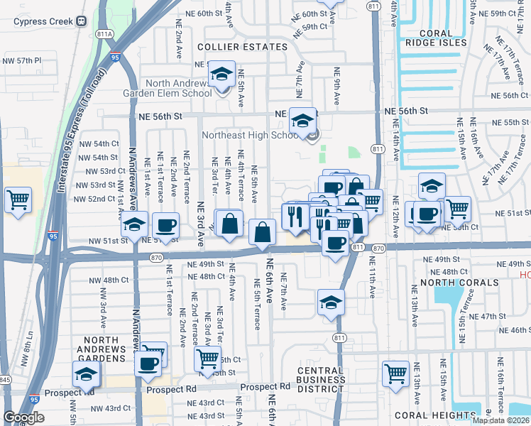 map of restaurants, bars, coffee shops, grocery stores, and more near 5217 Northeast 6th Avenue in Fort Lauderdale