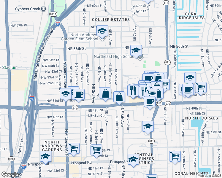 map of restaurants, bars, coffee shops, grocery stores, and more near 5224 Northeast 4th Terrace in Fort Lauderdale