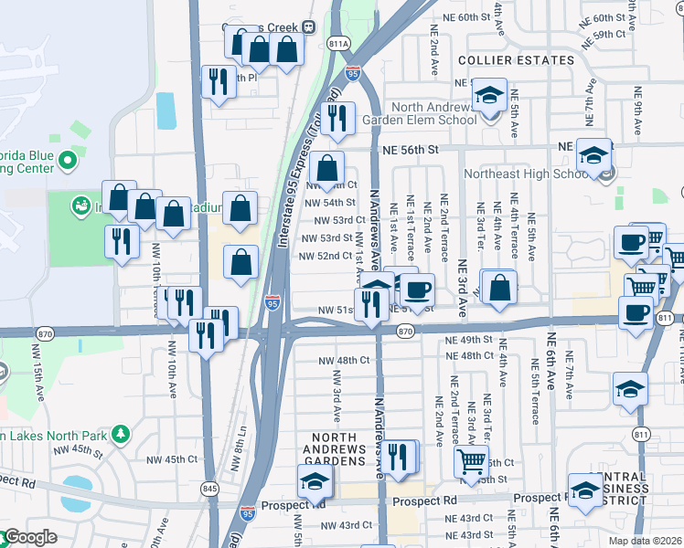 map of restaurants, bars, coffee shops, grocery stores, and more near 310 Northwest 52nd Court in Fort Lauderdale