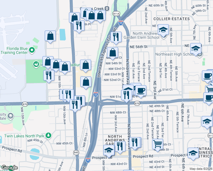 map of restaurants, bars, coffee shops, grocery stores, and more near 5232 Northwest 5th Avenue in Fort Lauderdale