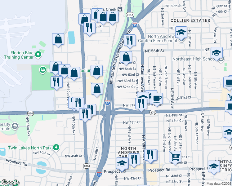 map of restaurants, bars, coffee shops, grocery stores, and more near 5232 Northwest 5th Avenue in Fort Lauderdale