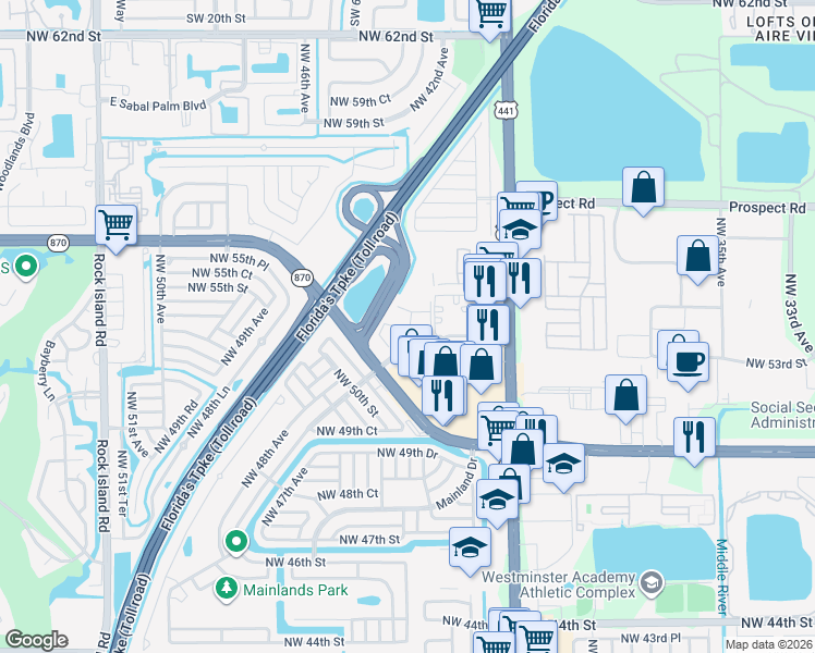 map of restaurants, bars, coffee shops, grocery stores, and more near 118 Treehouse Lane in Tamarac
