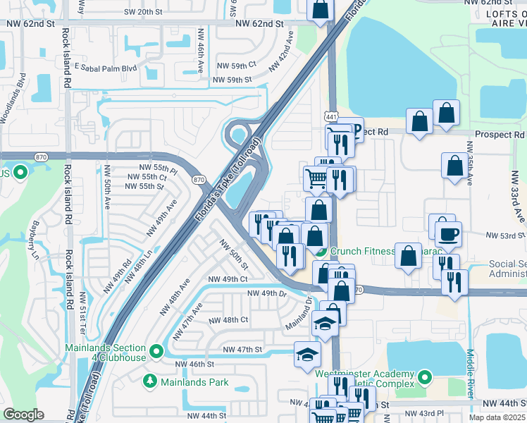 map of restaurants, bars, coffee shops, grocery stores, and more near 118 Treehouse Lane in Tamarac