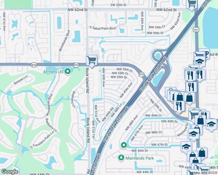 map of restaurants, bars, coffee shops, grocery stores, and more near 4938 Northwest 54th Court in Tamarac