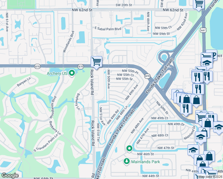 map of restaurants, bars, coffee shops, grocery stores, and more near 4938 Northwest 54th Court in Tamarac