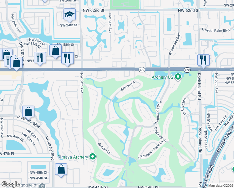map of restaurants, bars, coffee shops, grocery stores, and more near 5401 Banyan Lane in Tamarac