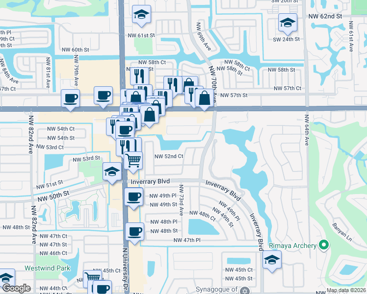 map of restaurants, bars, coffee shops, grocery stores, and more near 7340 Northwest 54th Street in Lauderhill