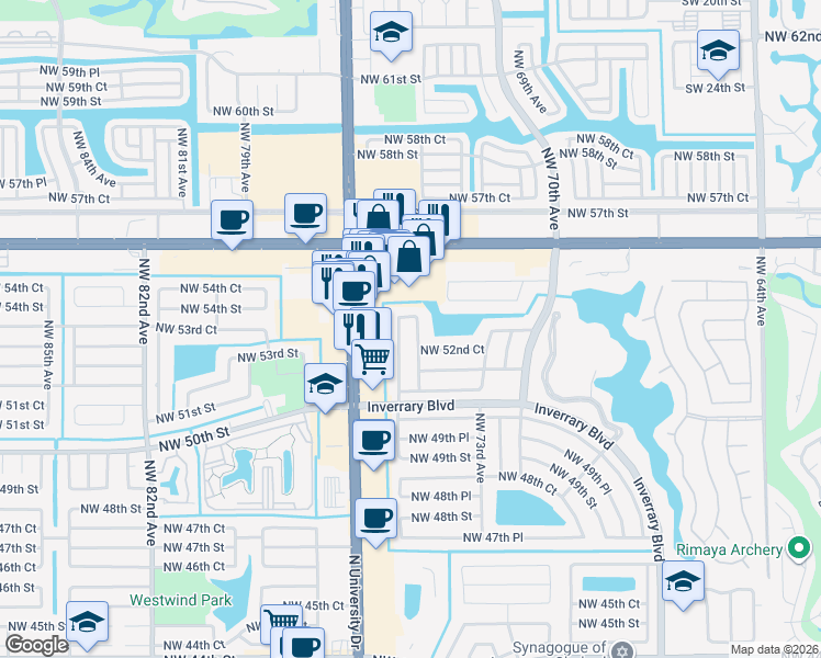 map of restaurants, bars, coffee shops, grocery stores, and more near 7475 Northwest 53rd Street in Lauderhill