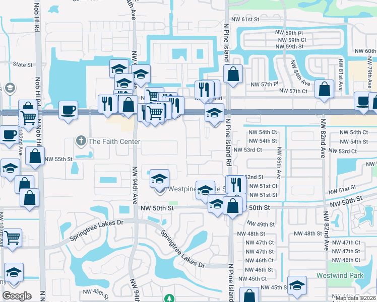 map of restaurants, bars, coffee shops, grocery stores, and more near 9024 Northwest 55th Street in Sunrise