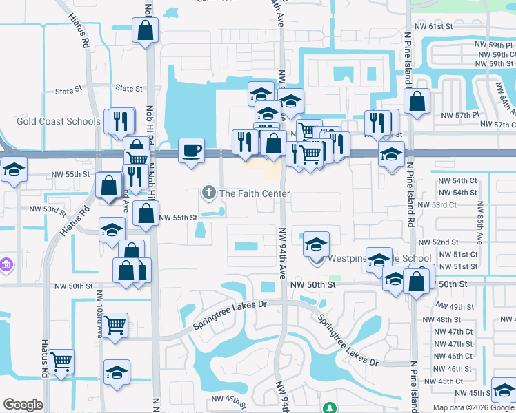 map of restaurants, bars, coffee shops, grocery stores, and more near 9420 Northwest 55th Street in Sunrise