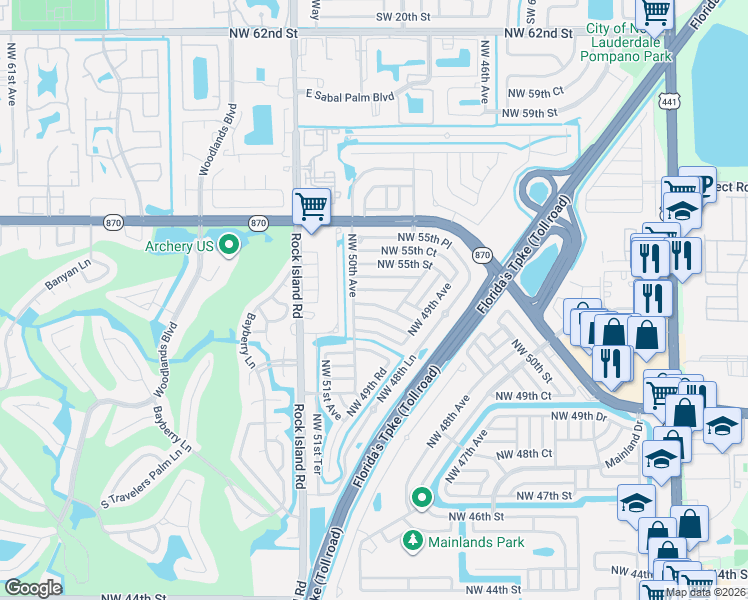 map of restaurants, bars, coffee shops, grocery stores, and more near 4938 Northwest 54th Court in Tamarac