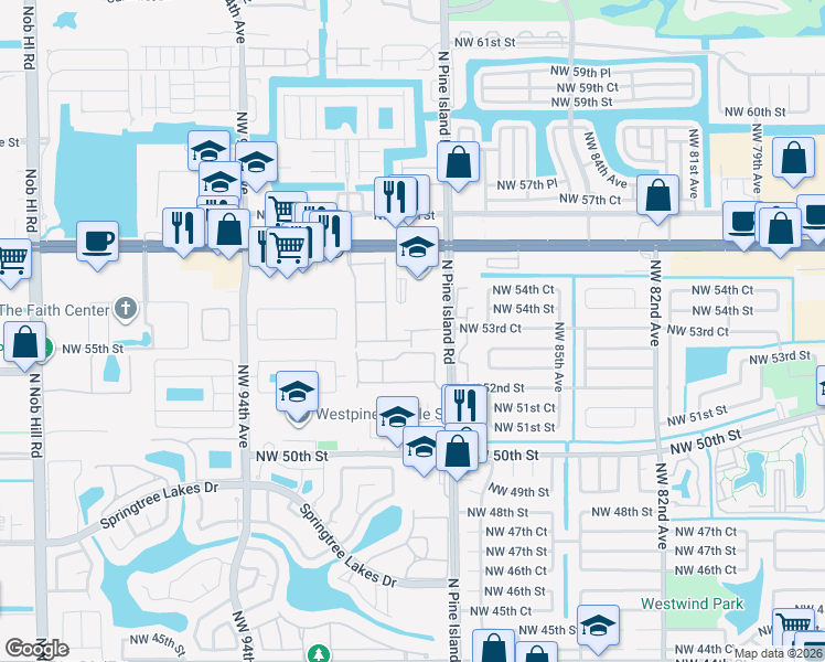 map of restaurants, bars, coffee shops, grocery stores, and more near 12341 Northwest 54th Court in Sunrise