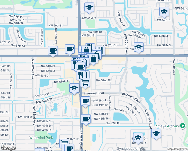 map of restaurants, bars, coffee shops, grocery stores, and more near 7475 Northwest 53rd Street in Lauderhill