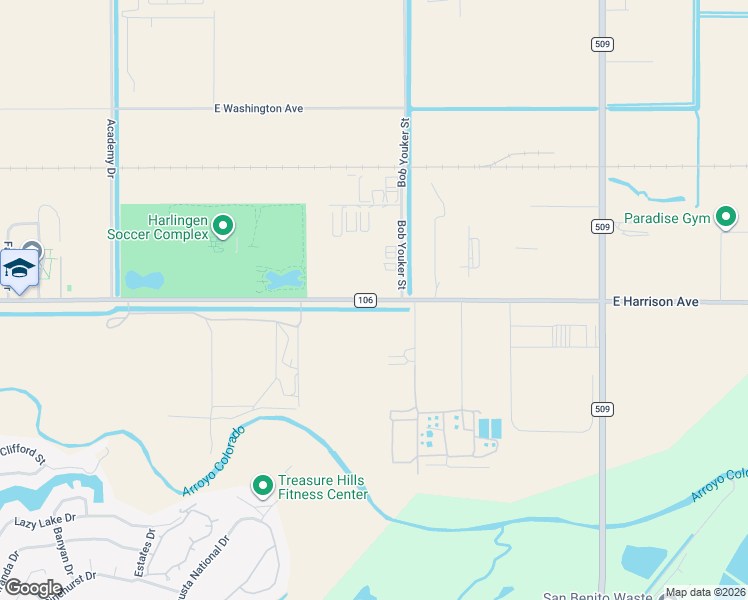 map of restaurants, bars, coffee shops, grocery stores, and more near 5001 East Harrison Avenue in Harlingen