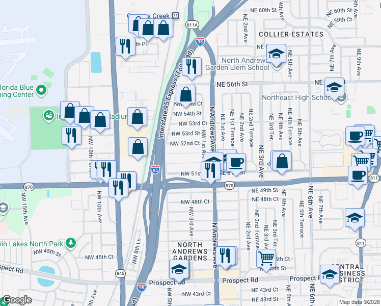 map of restaurants, bars, coffee shops, grocery stores, and more near 310 Northwest 52nd Court in Fort Lauderdale