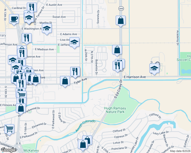 map of restaurants, bars, coffee shops, grocery stores, and more near 204 South 27th Street in Harlingen