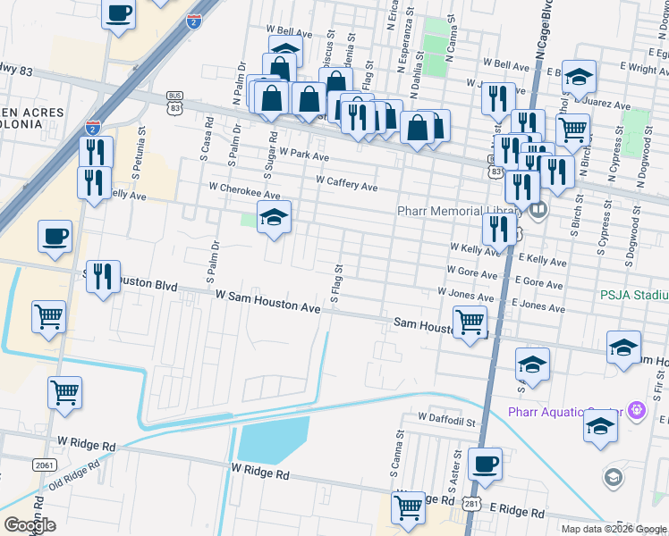 map of restaurants, bars, coffee shops, grocery stores, and more near 701 West Gore Avenue in Pharr