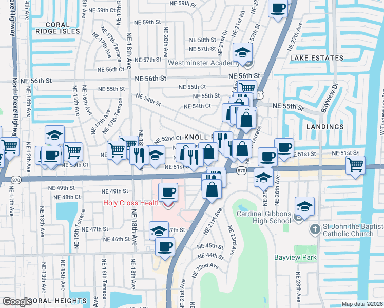 map of restaurants, bars, coffee shops, grocery stores, and more near 2131 Northeast 52nd Street in Fort Lauderdale
