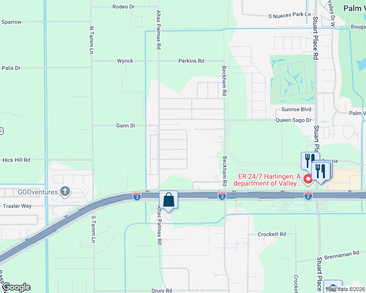 map of restaurants, bars, coffee shops, grocery stores, and more near 119-129 Palm Tree Drive in Harlingen