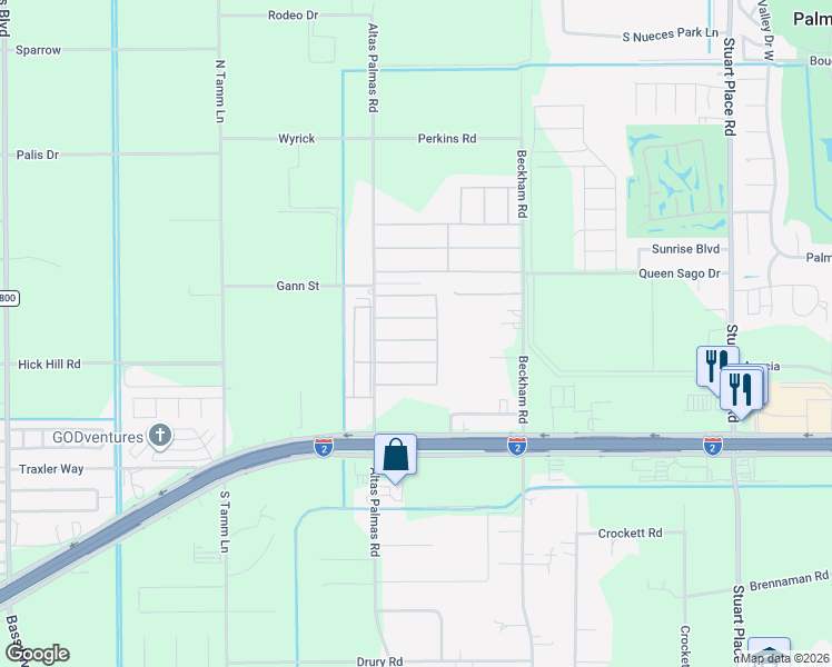 map of restaurants, bars, coffee shops, grocery stores, and more near 119-129 Palm Tree Drive in Harlingen