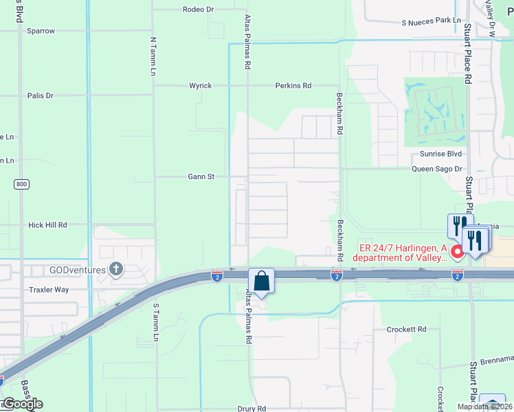 map of restaurants, bars, coffee shops, grocery stores, and more near 107 Palm Tree Drive in Harlingen