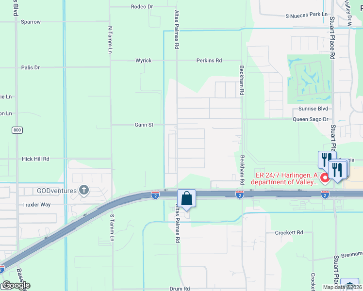 map of restaurants, bars, coffee shops, grocery stores, and more near 107 Palm Tree Drive in Harlingen