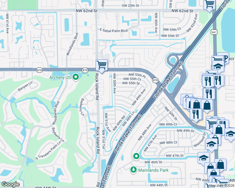 map of restaurants, bars, coffee shops, grocery stores, and more near 4938 Northwest 54th Court in Tamarac