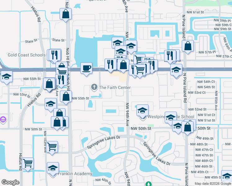 map of restaurants, bars, coffee shops, grocery stores, and more near 9420 Northwest 55th Street in Sunrise