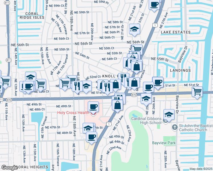 map of restaurants, bars, coffee shops, grocery stores, and more near 2131 Northeast 52nd Street in Fort Lauderdale