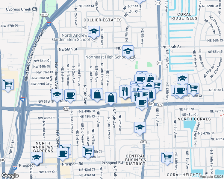 map of restaurants, bars, coffee shops, grocery stores, and more near 5217 Northeast 6th Avenue in Fort Lauderdale